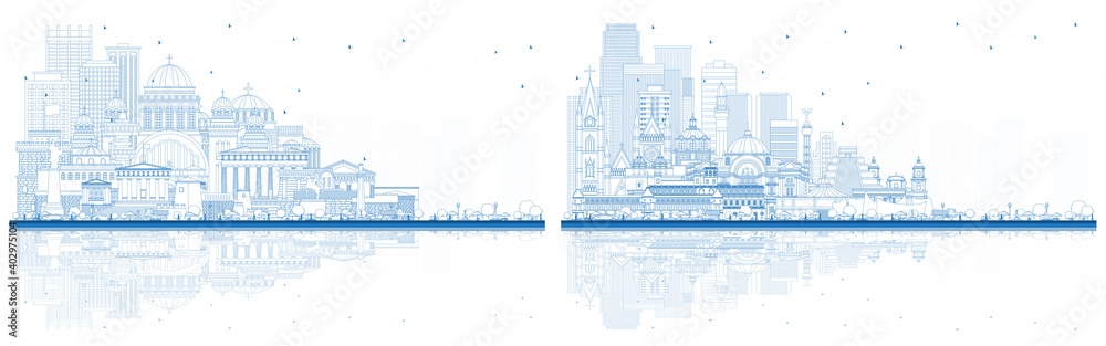 Outline Welcome to Greece and Mexico City Skylines Set with Blue Buildings and Reflections.