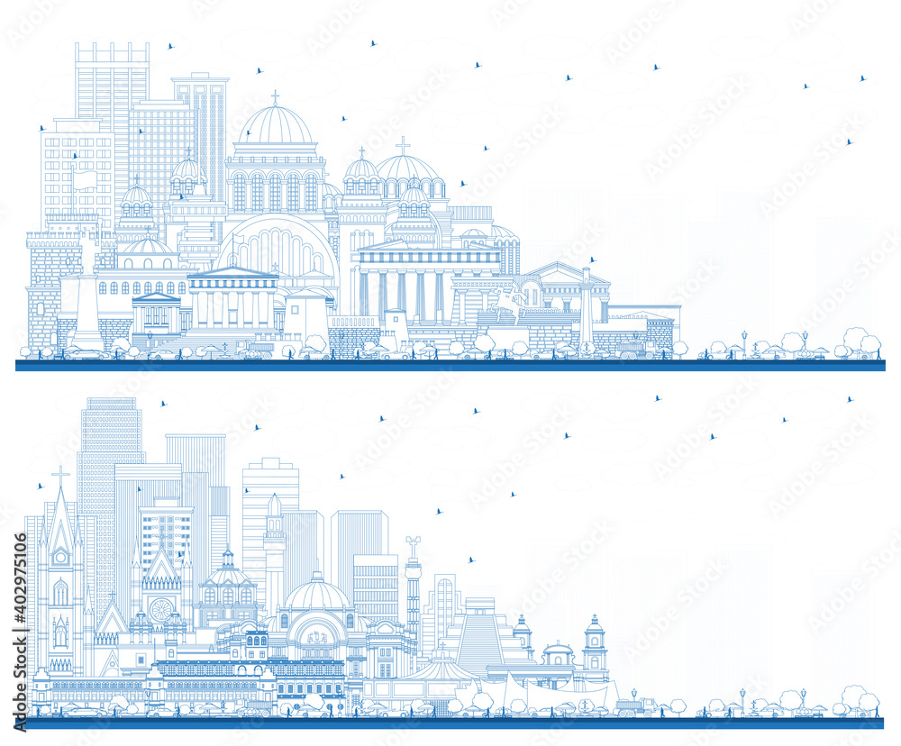 Outline Welcome to Greece and Mexico City Skylines Set with Blue Buildings.