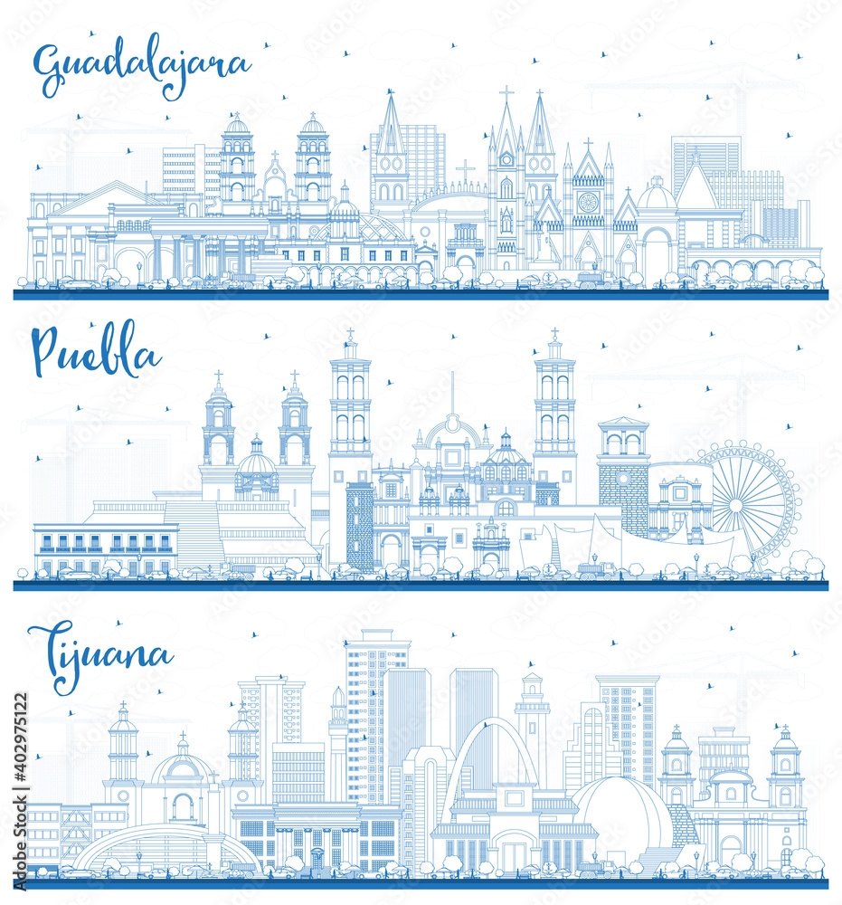 Outline Tijuana, Puebla, Guadalajara Mexico City Skylines with Blue Buildings.