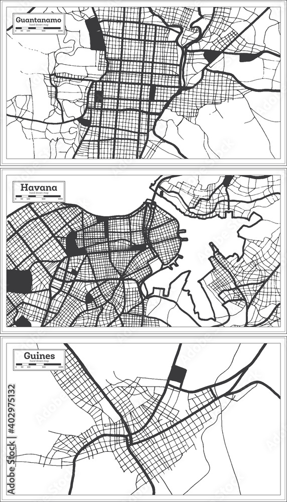 Fototapeta premium Havana, Guines and Guantanamo Cuba City Map Set.