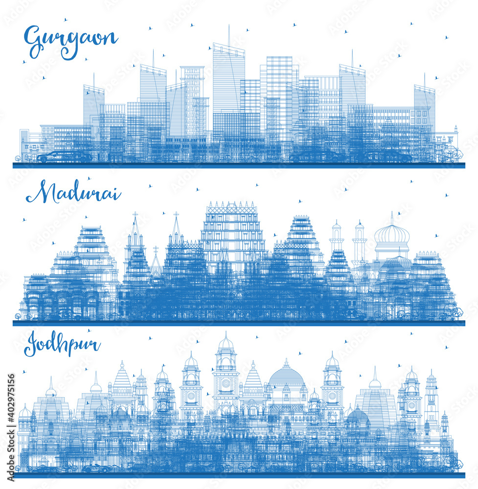 Outline Madurai, Jodhpur and Gurgaon India City Skyline Set.