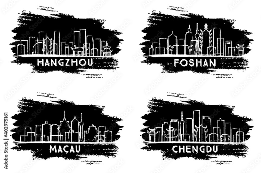 Macau, Foshan, Chengdu and Hangzhou China City Skyline Silhouettes Set.