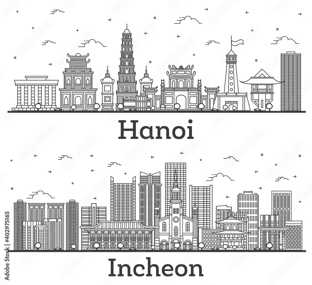 Outline Incheon South Korea and Hanoi Vietnam City Skylines Set with Modern and Historic Buildings Isolated on White.