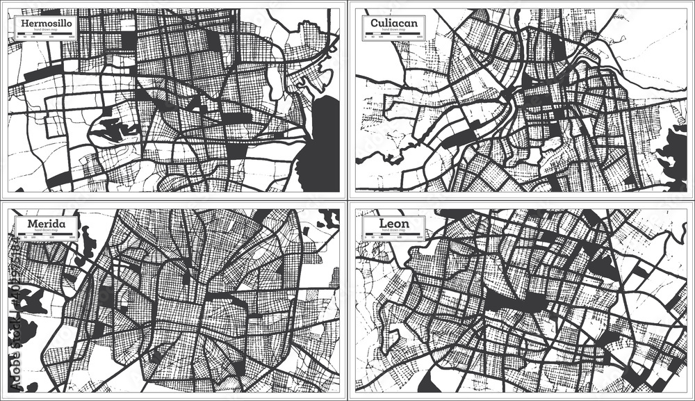 Merida, Culiacan, Leon and Hermosillo Mexico City Maps Set in Black and White Color in Retro Style.
