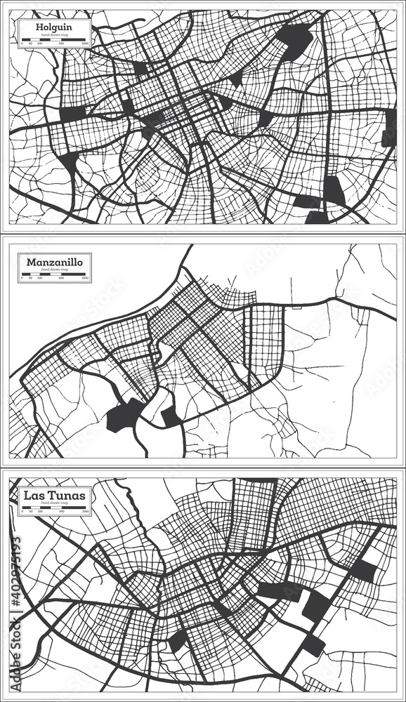 Manzanillo, Las Tunas and Holguin Cuba City Map Set.
