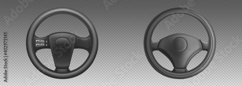 Car steering wheels, auto part for control drive and turn. Vector realistic set of black leather automobile steering wheels with mode and vehicle horn buttons isolated on transparent background