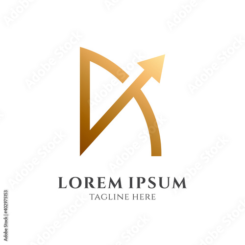 Arrow initial letter A logo with flat line concept in gradient gold color