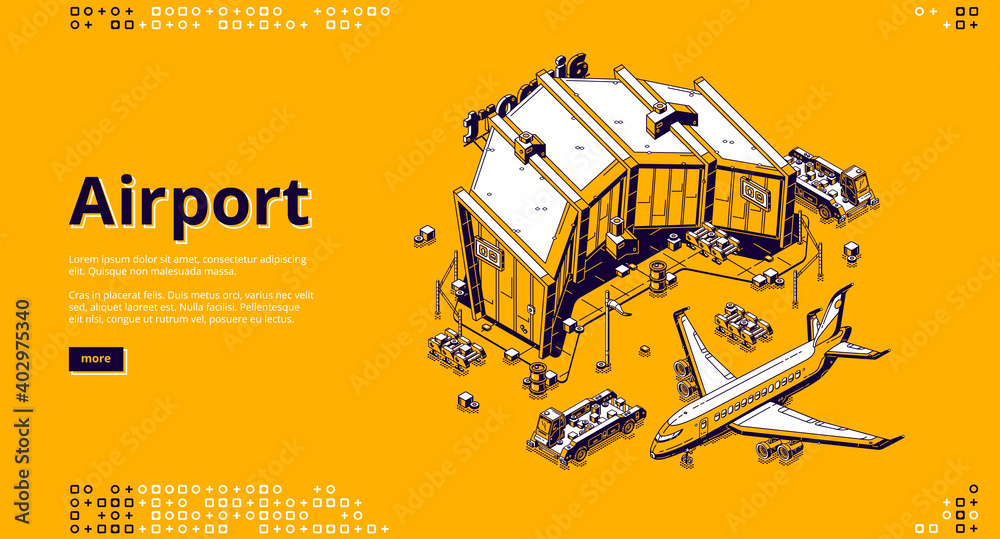 Airport terminal and airplane isometric landing page. Plane near aerodrome terminal building prepare to flight, passenger and baggage transport, international travel 3d vector line art web banner - obrazy, fototapety, plakaty 