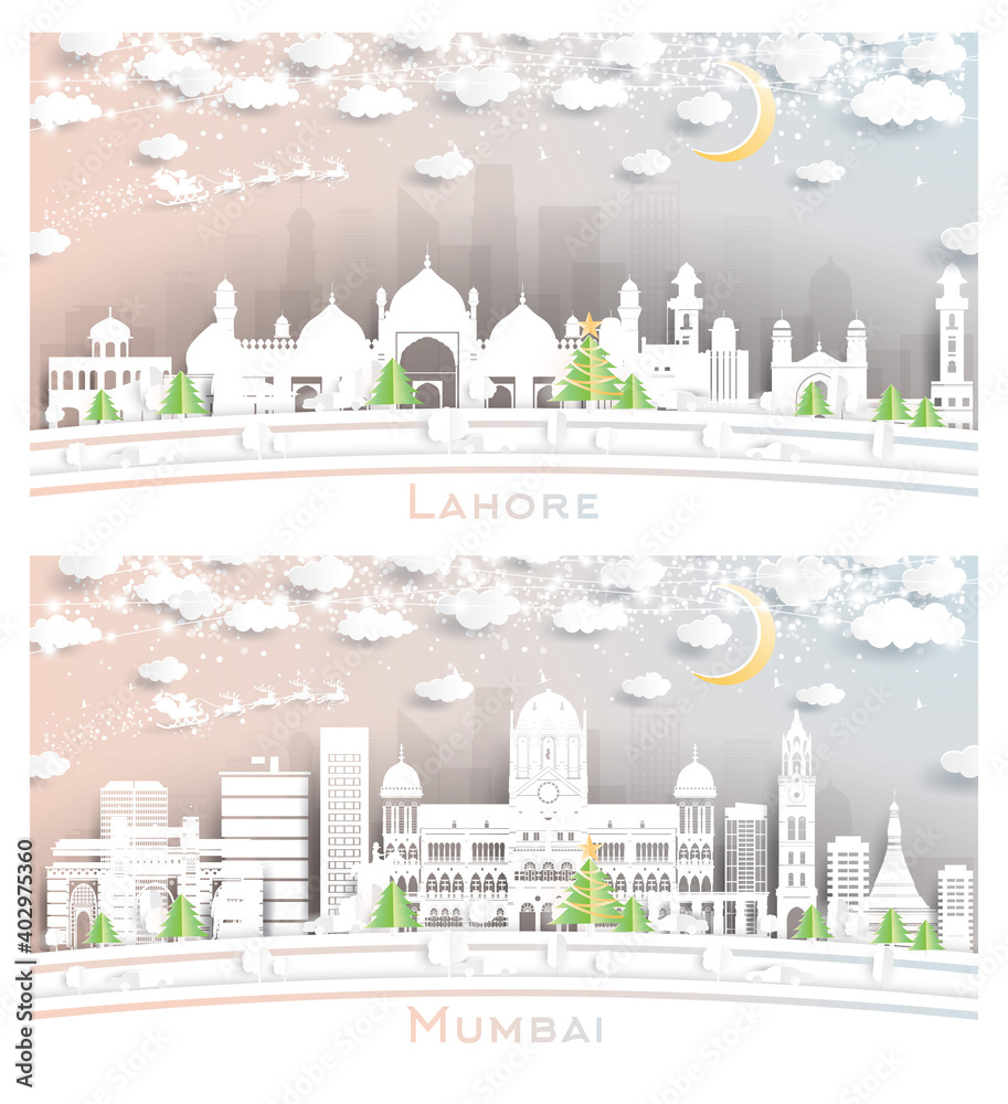 Mumbai India and Lahore Pakistan City Skyline Set.