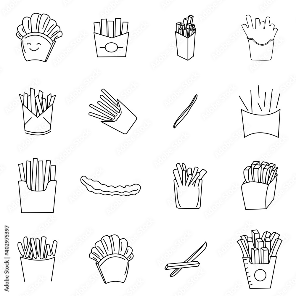 French fries flying to paper set box. Sketch style hand drawn illustration. Fried potato. Fast food retro artwork. Vector image Isolated on white French fries flying to paper set box. Sketch style hand drawn illustration. Fried potato. Fast food retro artwork. Vector image Isolated on white
