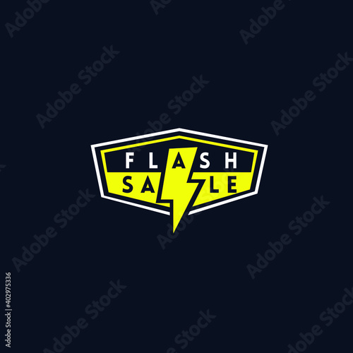 Flash sale vector illustration design with hexagon frame and lightning icon in the middle isolated on dark background suit for promotional icon or business material