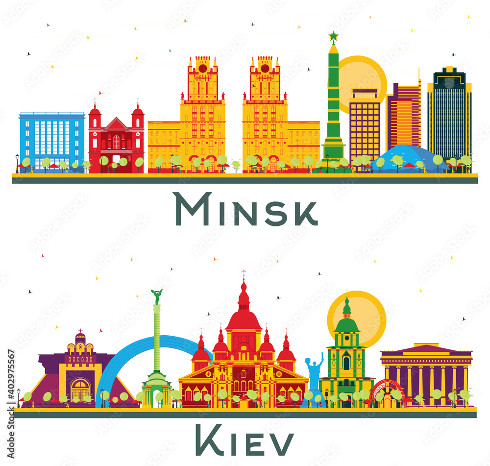 Kiev Ukraine and Minsk Belarus City Skyline Set.