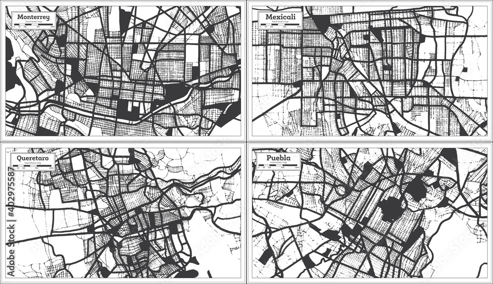 Queretaro, Mexicali, Puebla and Monterrey Mexico City Maps Set in Black and White Color in Retro Style.