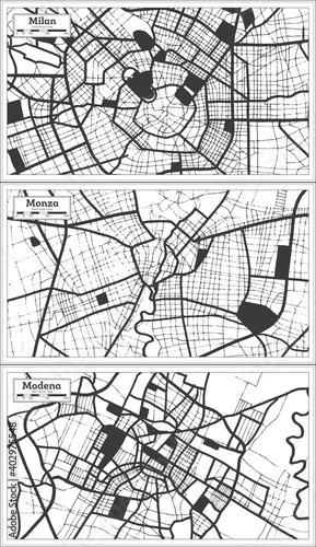 Monza, Modena and Milan Italy City Map Set in Black and White Color in Retro Style.