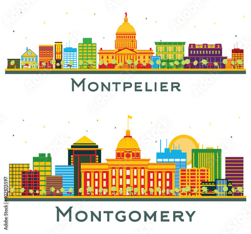 Montgomery Alabama and Montpelier Vermont City Skyline Set.