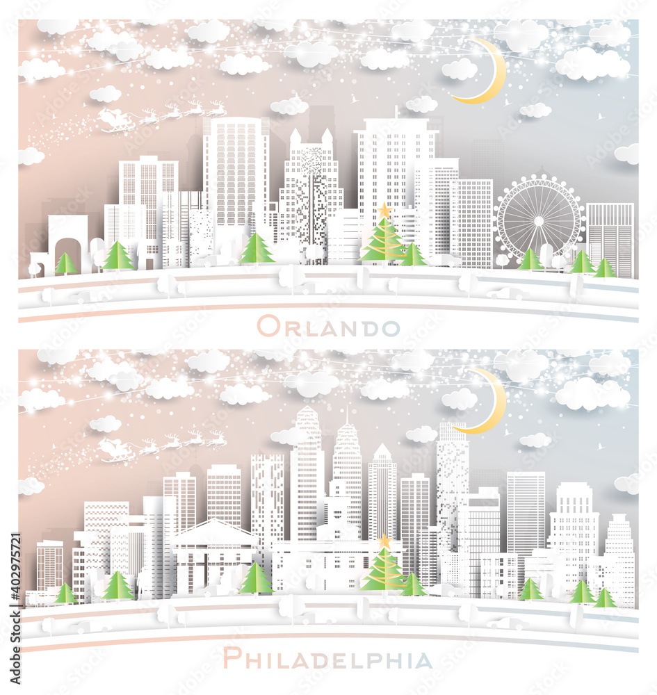 Philadelphia Pennsylvania and Orlando Florida USA City Skyline Set.