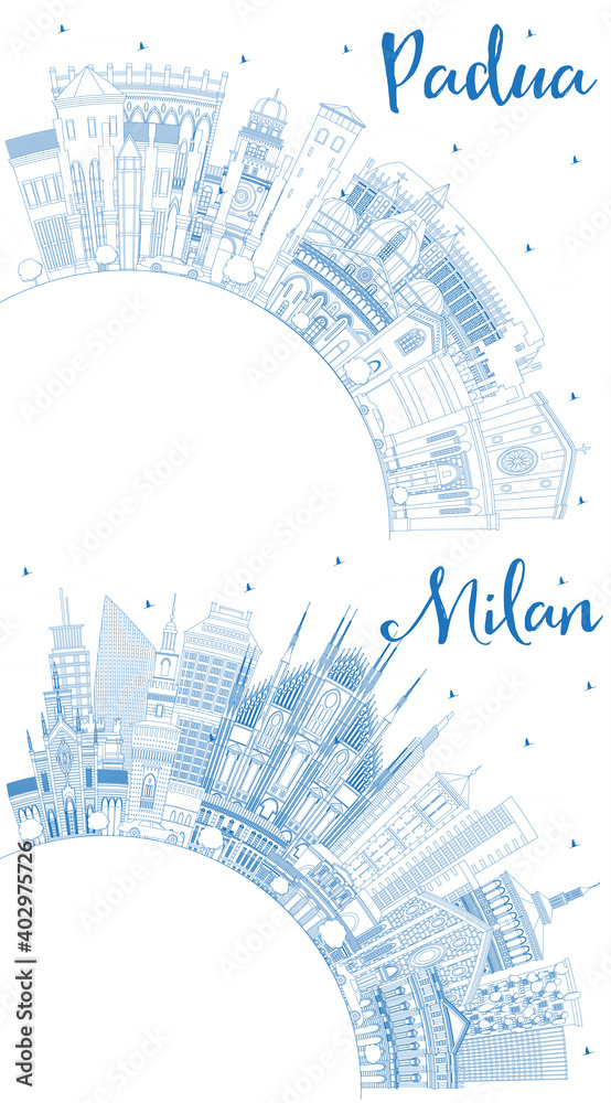 Outline Padua and Milan Italy City Skylines Set with Blue Buildings and Copy Space.