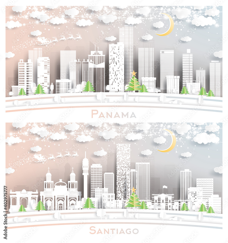 Fototapeta premium Santiago Chile and Panama City Skyline Set.