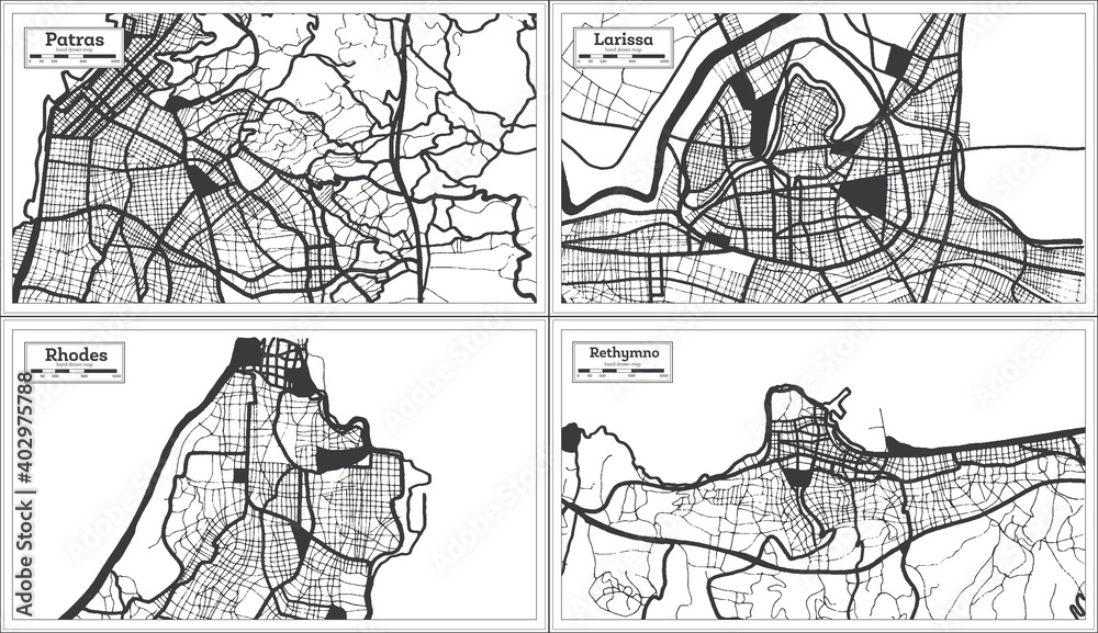 Obraz premium Rhodes, Larissa, Rethymno and Patras Greece City Maps Set in Black and White Color in Retro Style.