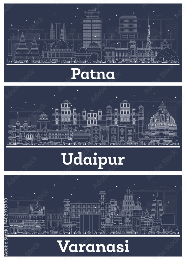 Outline Varanasi, Udaipur and Patna India City Skyline Set.