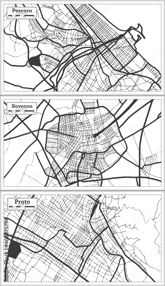 Prato, Ravenna and Pescara Italy City Map Set in Black and White Color in Retro Style.