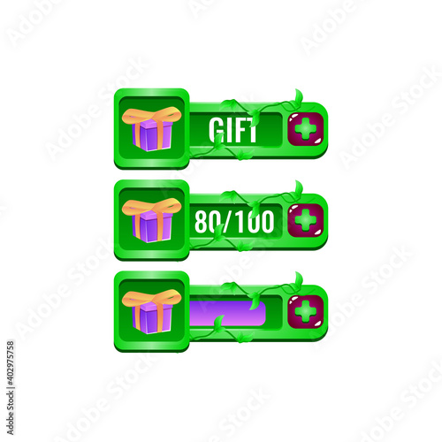 set of nature leaves game ui reward gift box bar with numeric and bar additional panel for gui asset elements vector illustration