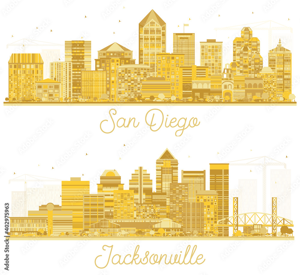 Jacksonville Florida and San Diego California USA City Skyline Silhouette Set.