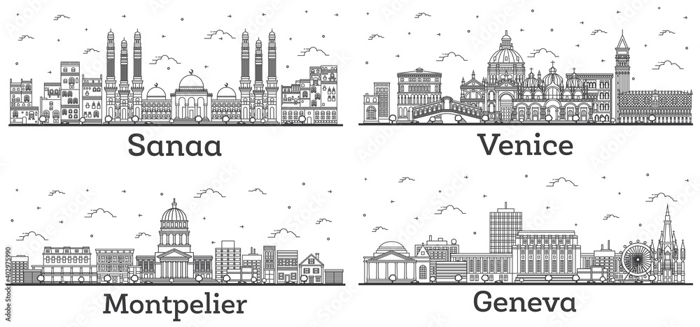 Outline Montpelier Vermont, Venice Italy, Geneva Switzerland and Sanaa Yemen City Skylines Set.