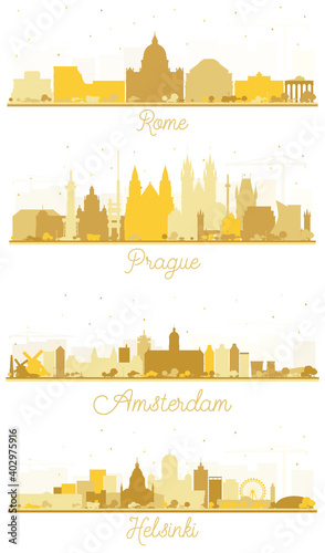 Photography Prague Czech Republic, Amsterdam Holland, Helsinki Finland and Rome Italy City Skyline Silhouettes Set