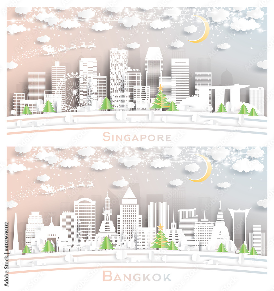 Bangkok Thailand and Singapore City Skyline Set.