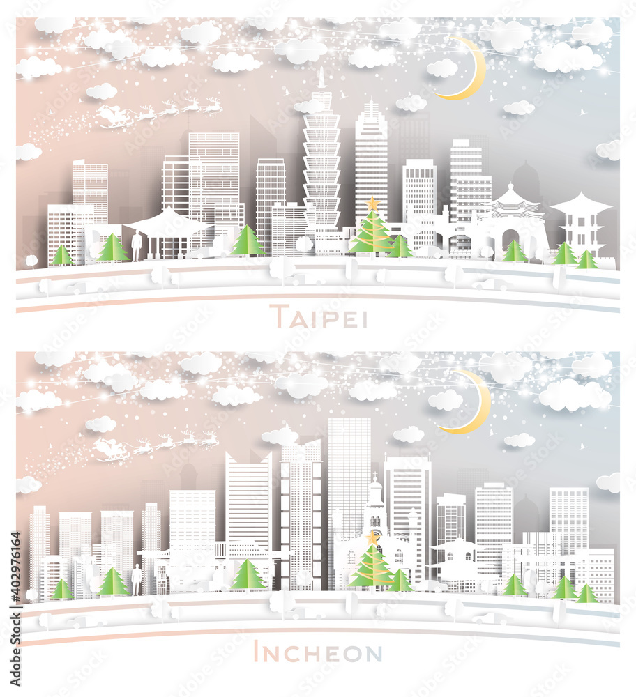 Incheon South Korea and Taipei Taiwan City Skyline Set.