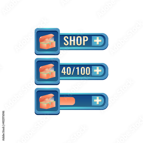 set of fantasy glossy rpg game ui shop treasure chest box bar with numeric and bar additional panel for gui asset elements vector illustration