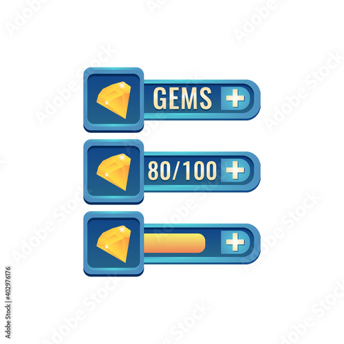 set of fantasy glossy rpg game ui gems diamond bar with numeric and progress bar additional panel for gui asset elements vector illustration