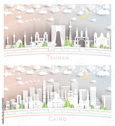 Cairo Egypt and Tehran Iran City Skyline Set.