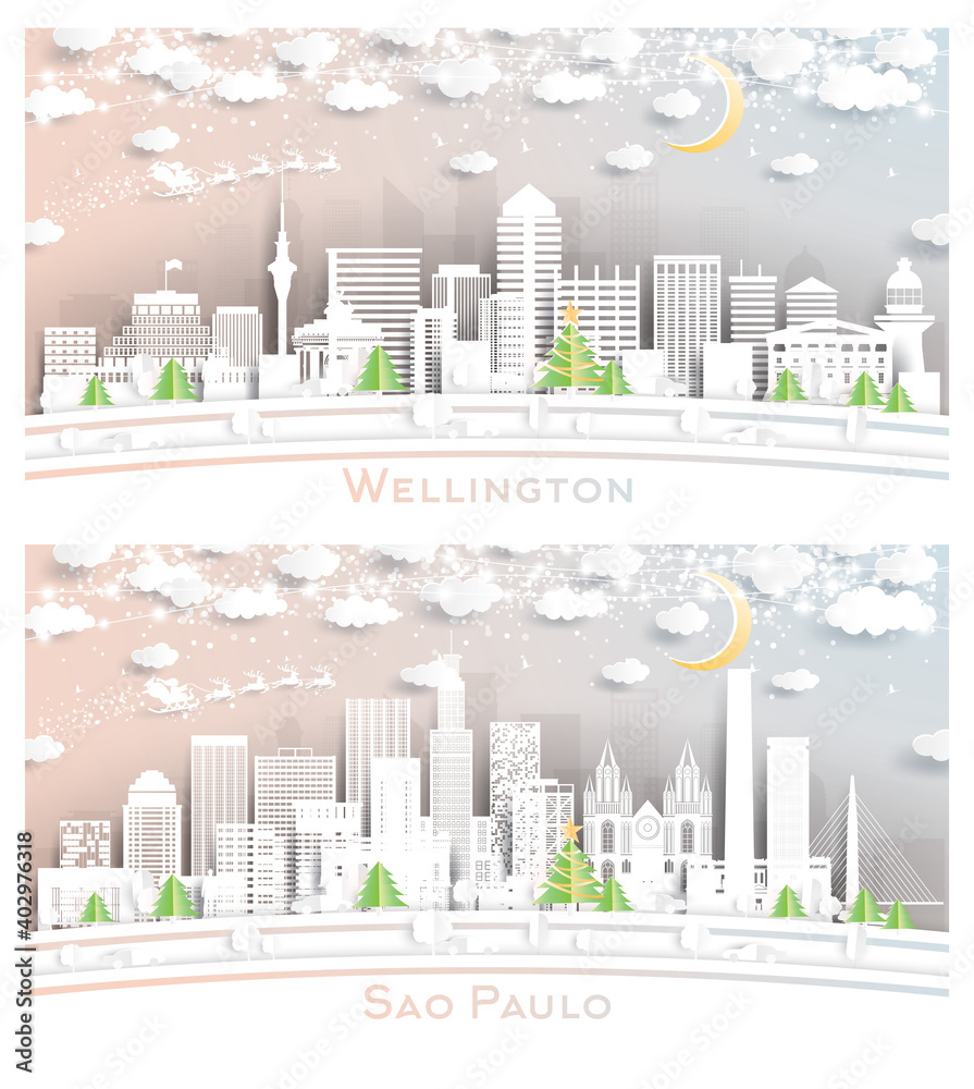 Fototapeta premium Sao Paulo Brazil and Wellington New Zealand City Skyline Set.