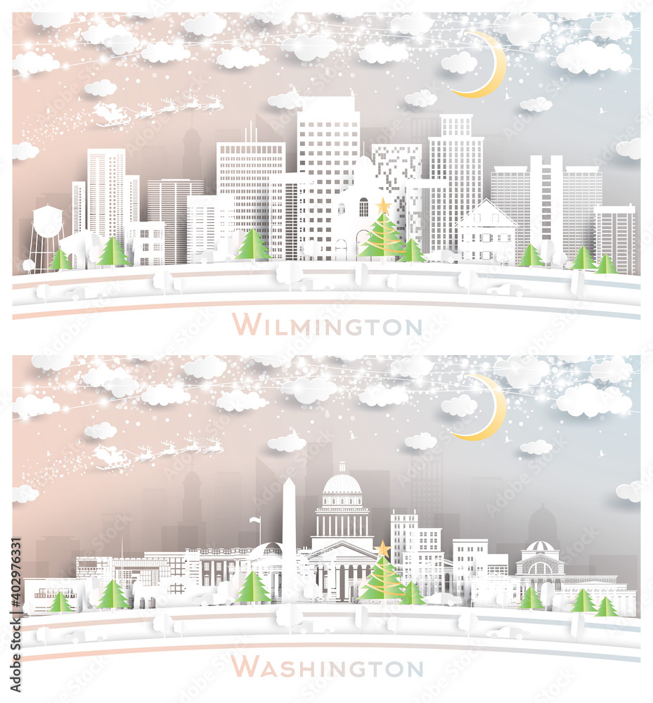 Washington DC and Wilmington Delaware USA City Skyline Set.