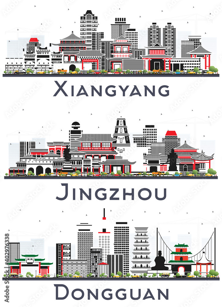 Jingzhou, Dongguan and Xiangyang China City Skylines Set with Color Buildings Isolated on White.