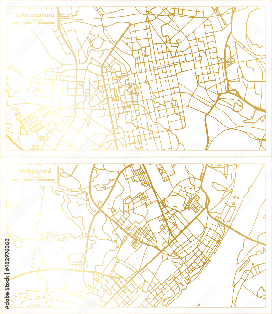 Volgograd and Yekaterinburg Russia City Map Set in Retro Style in Golden Color.