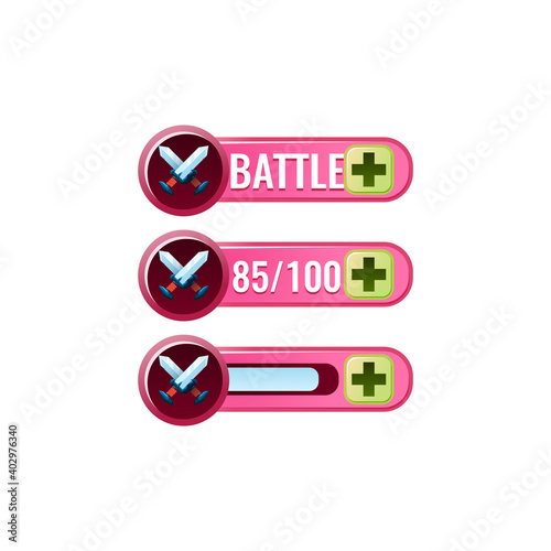 set of funny pink game ui blade sword fighting power ups skill with numeric and load bar additional panel for gui asset elements vector illustration