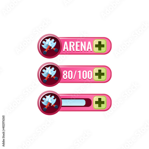 set of funny pink game ui axe fighting power ups skill with numeric and load bar additional panel for gui asset elements vector illustration