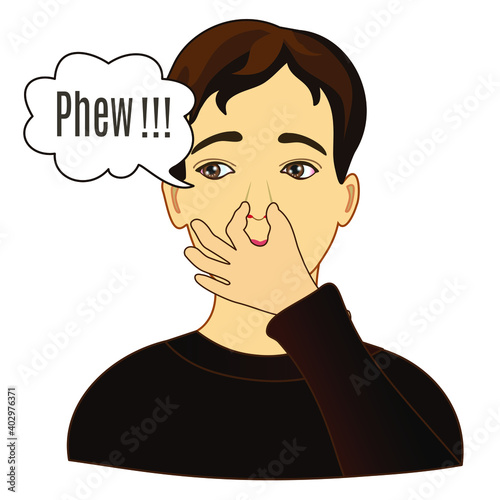 emoticon with dissatisfied man pinches his nose in disgust because something smells bad, hand drawn cartoon character