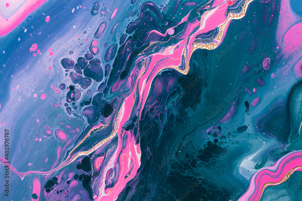 Neon pink wave with gold inclusion on aquamarine blue bubble swirls. Fluid Art. Marble effect background or texture