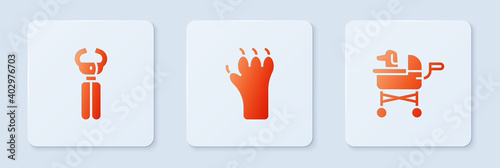 Set Paw print, Pet nail clippers and stroller. White square button. Vector.