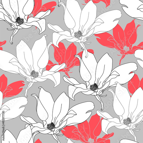 Seamless pattern with magnolia. Hand drawn floral background. Artwork for textiles, fabrics, souvenirs, packaging and greeting cards.