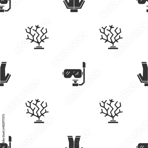 Set Wetsuit, Diving mask and snorkel and Coral on seamless pattern. Vector.