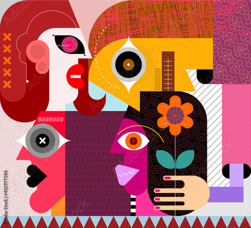 Modern art vector illustration of four people. A man gives a flower to a beautiful woman.