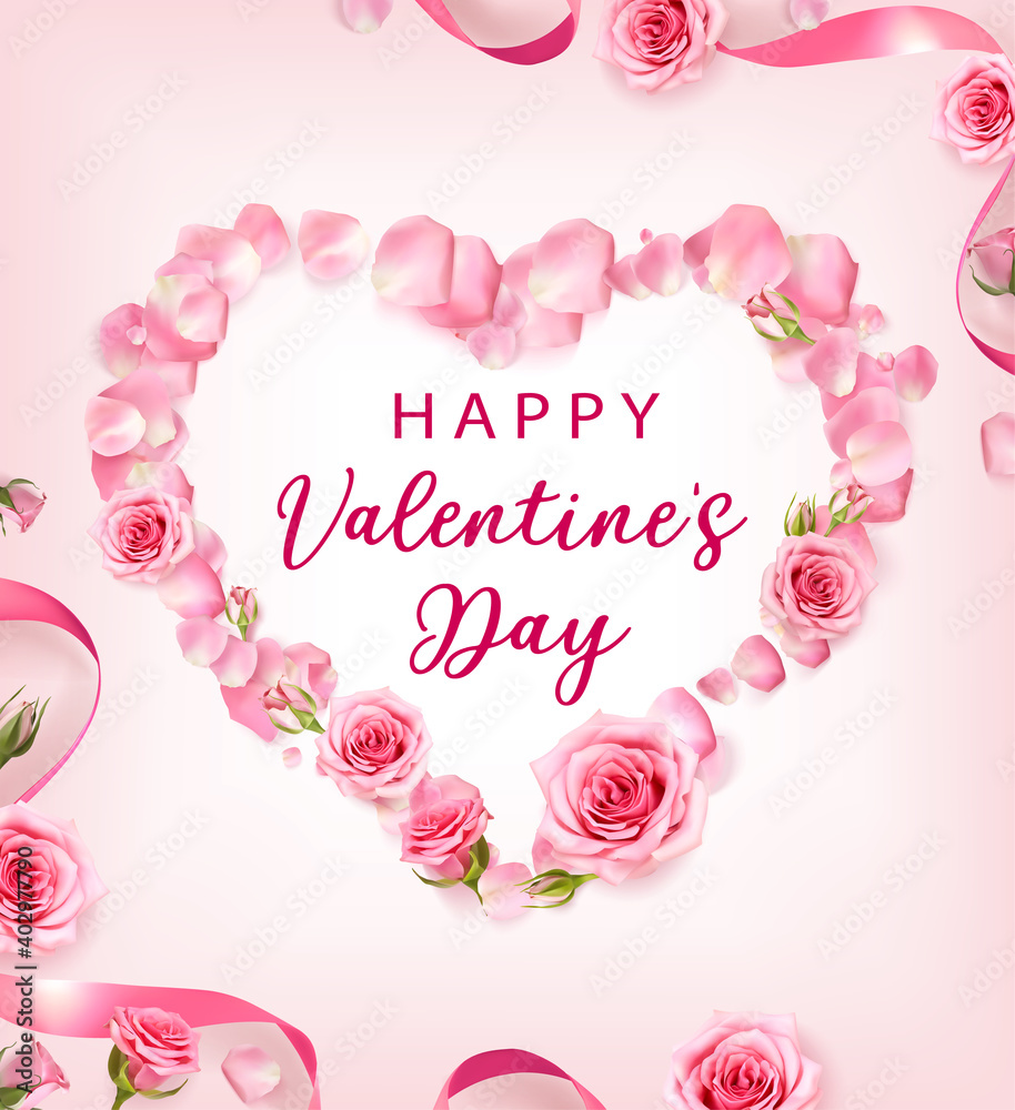Valentines Day background with rose petals and rose buds shaped a Heart. Rose flowers with pink ribbon on pink background. 3d realistic vector. Holiday poster, flyer, banner.