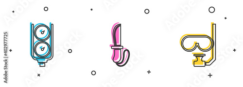 Set Gauge scale, Knife and Diving mask and snorkel icon. Vector.