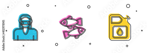 Set Face in protective mask, Dead fish and Canister for gasoline icon. Vector.