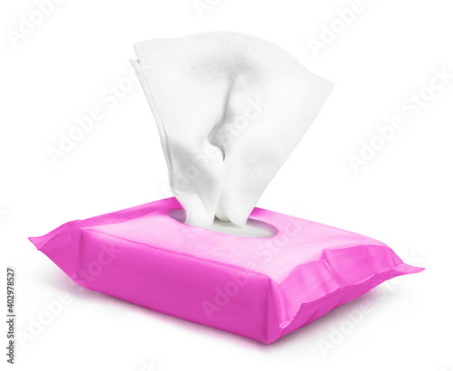 Pink wet wipes flow pack, isolated on white background